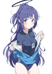 Rule 34 | 1girl, black halo, black shirt, blue archive, blue buruma, blue eyes, blue jacket, buruma, closed mouth, commentary request, furuyama itaru, halo, jacket, lanyard, long hair, looking at viewer, official alternate costume, purple hair, red pupils, shirt, short sleeves, simple background, solo, track jacket, white background, yuuka (blue archive), yuuka (track) (blue archive)