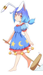 Rule 34 | absurdres, ambiguous red liquid, animal ears, bare legs, barefoot, blue dress, blue hair, crescent, crescent print, dress, earclip, full body, highres, holding, holding mallet, mallet, ponytail, puffy short sleeves, puffy sleeves, rabbit ears, rabbit tail, red eyes, seiran (touhou), short hair, short sleeves, simple background, smoke, star (symbol), tail, touhou, tsuri buta, white background