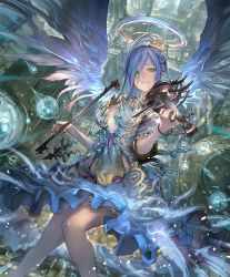 Rule 34 | 10s, 1girl, artist request, blue hair, bow (music), bracelet, breasts, city, cleavage, cygames, dress, feathered wings, frown, green eyes, halo, instrument, israfil (shadowverse), jewelry, large breasts, long hair, looking at viewer, official art, ponytail, ribbon, ring, shadowverse, shingeki no bahamut, solo, violin, water, wings