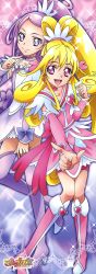 Rule 34 | 2girls, absurdres, aida mana, blonde hair, blue eyes, boots, bow, brooch, choker, cure heart, cure sword, dokidoki! precure, dress, earrings, hair ornament, hairpin, happy, heart, heart brooch, highres, jewelry, kenzaki makoto, long hair, long image, multiple girls, official art, pink bow, pink footwear, ponytail, precure, purple footwear, purple hair, purple skirt, red eyes, ribbon, side ponytail, skirt, smile, takahashi akira, tall image, thigh boots, thighhighs