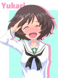 Rule 34 | 1girl, :d, akiyama yukari, black neckerchief, blouse, blush, border, brown hair, character name, commentary, facing viewer, girls und panzer, gogopaint, green background, highres, long sleeves, messy hair, neckerchief, ooarai school uniform, open mouth, outside border, sailor collar, salute, school uniform, shirt, short hair, silhouette, smile, solo, tears, upper body, white border, white sailor collar, white shirt