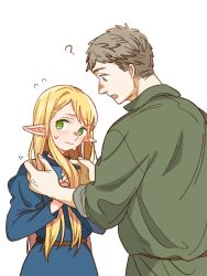 Rule 34 | 1boy, 1girl, ?, belt, blonde hair, blue dress, brown belt, choker, commentary, dress, dungeon meshi, elf, embarrassed, green eyes, green shirt, hands in hair, highres, laios touden, light blush, long hair, looking to the side, marcille donato, pointy ears, red choker, shirt, short hair, sweat, swept bangs, upper body, white background, yellow eyes, yoshi taka (y 04taka)