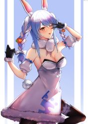 Rule 34 | 1girl, absurdres, animal ears, arms up, artist name, bare shoulders, black gloves, black pantyhose, blue hair, blush, bow, braid, breasts, carrot hair ornament, cleavage, closed mouth, commentary, dated commentary, dress, feet out of frame, food-themed hair ornament, fur-trimmed gloves, fur collar, fur trim, gloves, hair bow, hair ornament, highres, hololive, long hair, looking at viewer, medium breasts, misa pika, multicolored hair, one eye closed, orange eyes, pantyhose, rabbit ears, simple background, smile, solo, standing, streaked hair, tongue, tongue out, twin braids, usada pekora, usada pekora (1st costume), v, virtual youtuber, white dress
