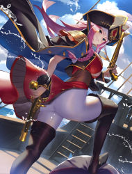 Rule 34 | 1girl, absurdres, armor, ass, bandaged head, bandages, blue eyes, blue sky, boots, braid, breasts, brown footwear, cloud, fate/grand order, fate (series), francis drake (fate), francis drake (third ascension) (fate), from behind, grin, gun, handgun, hat, highres, holding, holding gun, holding weapon, huge filesize, jacket, jacket on shoulders, knee boots, large breasts, long hair, pants, pink hair, pirate, pirate hat, pirate ship, pistol, scar, scar on face, scottie (phantom2), shoulder armor, sky, smile, thighhighs, water, water drop, weapon, white pants