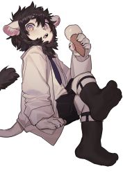 Rule 34 | 1boy, animal ears, black hair, black socks, crossed legs, food, furry, furry male, highres, hkl9917462, holding, holding food, ice cream, ice cream cone, lion ears, lion tail, male focus, necktie, open mouth, original, simple background, sitting, socks, solo, tail, white background