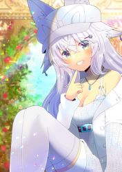 Rule 34 | 1girl, animal ear fluff, animal ears, azur lane, bare shoulders, blue gemstone, blurry, blurry background, blush, breasts, cabbie hat, character request, cleavage, collarbone, commentary request, commission, depth of field, dress, ears through headwear, feet out of frame, gem, grey eyes, grey hair, grey pantyhose, grin, hair between eyes, hair ornament, hairclip, hand up, hat, jacket, jewelry, knees up, kou hiyoyo, layered sleeves, long hair, long sleeves, looking at viewer, medium breasts, off-shoulder dress, off shoulder, open clothes, open jacket, pantyhose, pantyhose under shorts, pendant, short over long sleeves, short shorts, short sleeves, shorts, sitting, skeb commission, smile, solo, very long hair, white dress, white hat, white jacket, white shorts