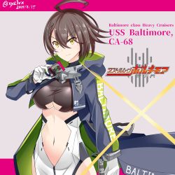Rule 34 | 1girl, ahoge, azur lane, baltimore (azur lane), black coat, breasts, brown hair, card, center opening, character name, clothing cutout, coat, crossover, dated, gloves, hair between eyes, hebitsukai-san, highres, holding, holding card, kamen rider, kamen rider dcd, kamen rider decade, large breasts, long sleeves, looking at viewer, navel, open clothes, open coat, parody, short hair, smile, solo, stomach, title parody, twitter username, underboob, underboob cutout, upper body, white gloves, yellow eyes