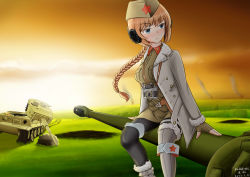 Rule 34 | 1girl, absurdres, artist request, blue eyes, braid, breasts, camera, character request, coat, day, grass, hat, highres, is-2, long hair, military, military hat, military uniform, military vehicle, motor vehicle, orange hair, rock, smile, solo, star (symbol), sunset, tank, tiger i, uniform, warship girls r