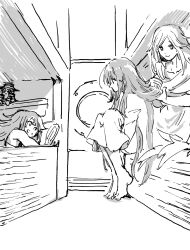 Rule 34 | 3girls, bed, brushing another&#039;s hair, brushing hair, dizzy (guilty gear), greyscale, guilty gear, guilty gear xx, highres, holding, holding brush, indoors, johnny (guilty gear), long hair, looking at another, lying, may (guilty gear), monochrome, multiple girls, mundane utility, smile, stuffed toy, tosshin, undine (guilty gear)