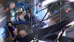Rule 34 | 1girl, absurdres, aleth, alternate costume, arm tattoo, asymmetrical hair, bandage on face, bandages, bandaid, bandaid on arm, barcode, barcode tattoo, black gloves, black jacket, black skirt, black thighhighs, blue eyes, blue hair, blue nails, blue thighhighs, blurry, blurry background, bokeh, breasts, closed mouth, commentary, cross-laced footwear, depth of field, english commentary, eyelashes, fingerless gloves, floating, floating object, frilled skirt, frills, garter straps, gloves, grey footwear, hair between eyes, headpiece, highres, hololive, hoshimachi suisei, huge filesize, jacket, light blue hair, looking at viewer, medium hair, nail polish, off-shoulder shirt, off shoulder, open clothes, open jacket, pleated skirt, scaffolding, science fiction, shirt, shoes, side ponytail, signature, sitting, skindentation, skirt, small breasts, sneakers, solo, tattoo, thigh strap, thighhighs, two-tone legwear, virtual youtuber, white shirt, window