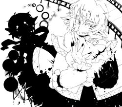 Rule 34 | 1girl, arm warmers, clenched teeth, eyebrows, female focus, fingernails, greyscale, high contrast, iroyopon, looking at viewer, mizuhashi parsee, monochrome, pointy ears, sad, short hair, silhouette, solo, tears, teeth, thick eyebrows, touhou