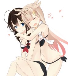 Rule 34 | 10s, 2girls, ahoge, alternate costume, bikini, blonde hair, blue eyes, blush, breasts, brown hair, closed eyes, expressive hair, eyebrows, fang, hair flaps, hair ornament, hair ribbon, hairclip, heart, hug, hug from behind, kantai collection, long hair, multiple girls, navel, open mouth, remodel (kantai collection), ribbon, scarf, shigure (kancolle), simple background, smile, stomach, swimsuit, thighs, white background, white scarf, yuki (yukin0128), yuudachi (kancolle)
