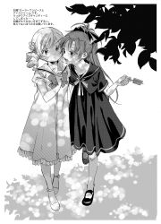 Rule 34 | 2girls, ankle strap, black dress, black ribbon, black sailor collar, branch, collarbone, dappled sunlight, dress, drill hair, flats, flower, food, frilled dress, frills, full body, greyscale, hair flower, hair ornament, hair ribbon, hairpin, halftone, high ponytail, highres, holding, imminent bite, leaf, long hair, mahou shoujo madoka magica, mahou shoujo madoka magica (anime), mary janes, melting, monochrome, multiple girls, neck ribbon, no+bi=, open mouth, parted bangs, popsicle, puffy short sleeves, puffy sleeves, ribbon, sailor collar, sailor dress, sakura kyoko, shade, shoes, short sleeves, side-by-side, simple background, sunlight, swept bangs, teeth, tomoe mami, tsurime, twin drills, upper teeth only, walking, white background, wide-eyed