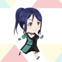 Rule 34 | 1girl, artist name, artist request, azalea (love live!), bare legs, belt, black belt, black choker, black dress, black shorts, blue hair, blush, breasts, buttons, chibi, choker, cleavage, clenched hand, dress, female focus, full body, gloves, green dress, green footwear, green gloves, hair between eyes, high ponytail, highres, himitsu no story (love live!), in the dark (love live!), long hair, looking at viewer, love live!, love live! school idol festival, love live! sunshine!!, matsuura kanan, parted lips, pippie an, ponytail, purple eyes, shoes, short dress, short sleeves, shorts, shorts under dress, small breasts, smile, solo, the secret story (love live!), two-tone dress, white background
