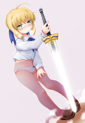 Rule 34 | 1girl, ahoge, anbee (arary), artoria pendragon (all), artoria pendragon (fate), blonde hair, blue neckwear, blue ribbon, blush, bow, bow panties, braid, breath, brown footwear, dutch angle, embarrassed, fate/stay night, fate (series), female focus, flat chest, french braid, full body, green eyes, grey background, hair bun, hair ribbon, half-closed eyes, hand up, highres, holding, holding sword, holding weapon, long sleeves, looking at viewer, nose blush, open mouth, panties, panties under pantyhose, pantyhose, peeing, peeing self, pigeon-toed, puddle, ribbon, saber (fate), school uniform, see-through, serafuku, shirt, shoes, simple background, single hair bun, solo, standing, steam, sword, tears, trembling, underwear, weapon, wet, wet clothes, wet panties, white panties, white shirt