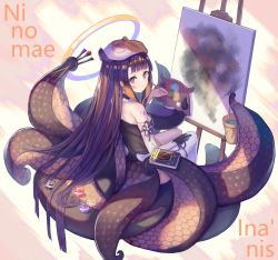 Rule 34 | 1girl, ao-chan (ninomae ina&#039;nis), beret, black dress, black gloves, blue eyes, blunt bangs, book, breasts, bucket, canvas (object), character name, dress, easel, gloves, hand on lap, hat, highres, holding, hololive, hololive english, long hair, looking at viewer, looking back, mole, mole under eye, ninomae ina&#039;nis, ninomae ina&#039;nis (1st costume), paint, paintbrush, palette (object), pixerite, purple hair, sidelocks, single thighhigh, sitting, small breasts, smile, solo, strapless, strapless dress, table, tentacles, thighhighs, virtual youtuber, water, white thighhighs