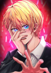 Rule 34 | 1boy, absurdres, black jacket, blonde hair, blue eyes, blush, collared shirt, embarrassed, esora-arts, hair between eyes, hand over face, hand up, heart, heart in eye, highres, hoshino aquamarine, jacket, long sleeves, looking at viewer, male focus, open mouth, oshi no ko, outstretched hand, portrait, shirt, short hair, signature, solo, star (symbol), star in eye, sweatdrop, symbol in eye, teeth, upper teeth only, white shirt