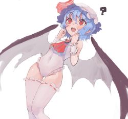 Rule 34 | 1girl, ?, adapted costume, ascot, bat wings, blue hair, blush, covered navel, fang, hair between eyes, hat, highres, leotard, mob cap, pointy ears, pororikin, red eyes, remilia scarlet, ribbon-trimmed legwear, ribbon trim, short hair, simple background, slit pupils, solo, standing, sweat, thighhighs, touhou, w, wavy mouth, white background, white thighhighs, wings
