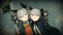 Rule 34 | 2girls, ahoge, benghuai xueyuan, black gloves, bow, bronya zaychik, crossover, drill hair, earpiece, earrings, girls&#039; frontline, gloves, grey eyes, grey hair, hair between eyes, hair bow, hand up, honkai (series), jacket, jewelry, look-alike, multiple girls, official art, open clothes, open jacket, orange bow, poster (object), pp-90 (girls&#039; frontline), red eyes, smile, third-party source, v, white gloves