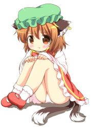 Rule 34 | 1girl, :t, animal ears, brown eyes, brown hair, cat ears, cat tail, chen, closed mouth, earrings, green hat, hat, jewelry, long sleeves, mob cap, multiple tails, nekomata, panties, pantyshot, pila-pela, pout, short hair, simple background, single earring, sitting, solo, tail, touhou, two tails, underwear, white background, white panties