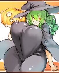 Rule 34 | 1girl, black dress, breasts, covered erect nipples, curvy, dress, female focus, green hair, grin, hat, holding, holding pumpkin, holding vegetable, huge breasts, jack-o&#039;-lantern, long hair, looking at viewer, no bra, original, pale skin, ponytail, pumpkin, sachito, shiny skin, smile, solo, sumi-chan (sachito), thick thighs, thighs, wide hips, witch hat, yellow eyes