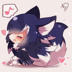 Rule 34 | 10s, 1girl, animal ears, black hair, blush, chibi, closed eyes, fang, fluffy, fur collar, gloves, grey wolf (kemono friends), heart, kemono friends, long hair, long sleeves, multicolored hair, musical note, muuran, open mouth, quaver, skirt, solo, speech bubble, spoken musical note, tail, two-tone hair, wolf ears, wolf tail