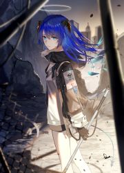 Rule 34 | 1girl, arknights, black gloves, black shorts, blue eyes, blue hair, broken fence, closed mouth, day, demon girl, demon horns, demon tail, detached wings, energy wings, from side, gloves, halo, highres, holding, holding staff, hood, hood down, hooded jacket, horns, jacket, kawausoman, light, long hair, long sleeves, looking at viewer, looking to the side, mostima (arknights), open clothes, open jacket, outdoors, ruins, shirt, short shorts, shorts, signature, solo, staff, tail, white shirt, wings