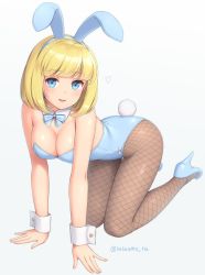 Rule 34 | 1girl, all fours, animal ears, bare shoulders, blonde hair, blue bow, blue bowtie, blue eyes, bow, bowtie, breasts, brown pantyhose, cleavage, commentary request, detached collar, fake animal ears, fishnet pantyhose, fishnets, grey background, high heels, leotard, looking at viewer, medium breasts, open mouth, original, pantyhose, playboy bunny, pumps, rabbit ears, rabbit tail, sasaame, short hair, solo, strapless, strapless leotard, tail, wrist cuffs