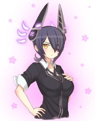 Rule 34 | 10s, 1girl, bad id, bad pixiv id, blush, eyepatch, flower, frown, hand on breast, hand on own hip, headgear, k do, kantai collection, necktie, personification, purple hair, short hair, solo, sweatdrop, tenryuu (kancolle), yellow eyes