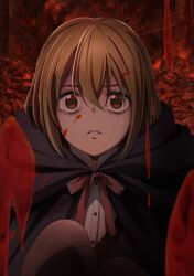Rule 34 | 1girl, black pantyhose, blood, blood on face, boots, brown hair, cape, green eyes, highres, ishura, long hair, looking at viewer, open mouth, pantyhose, purple cape, school uniform, screaming, shirt, sitting, solo, white shirt, yuno (ishura)