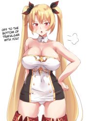 Rule 34 | 1girl, absurdres, azur lane, blonde hair, blush, breasts, cleavage, detached collar, dress, gluteal fold, hair ribbon, hand on own hip, hard-translated, highres, large breasts, long hair, looking at viewer, manno (kanpi2100), microdress, navel, nelson (azur lane), open mouth, panties, pantyshot, red eyes, ribbon, simple background, solo, standing, third-party edit, translated, tsundere, twintails, underwear, very long hair