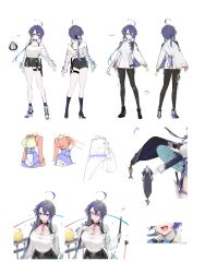 Rule 34 | 1girl, ahoge, azur lane, belt, black footwear, black pantyhose, black shorts, blue hair, boots, breasts, character sheet, cleavage, concept art, cropped sweater, cross hair ornament, foch (azur lane), foch (rainbow rendezvous) (azur lane), full body, hair between eyes, hair ornament, hand on own chest, highres, holding, holding knife, holster, huge ahoge, knife, knife sheath, knife sheath, large breasts, latex shorts, long sleeves, looking at viewer, manjuu (azur lane), multicolored hair, multiple views, o-ring, o-ring belt, off-shoulder sweater, off shoulder, official alternate costume, official art, ohisashiburi, pantyhose, purple hair, sharp teeth, sheath, shorts, simple background, streaked hair, sweater, teeth, thigh holster, two-tone hair, white background, white sweater