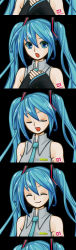 Rule 34 | 1girl, :o, black background, blue eyes, blue hair, closed eyes, detached sleeves, hair between eyes, hair ornament, hatsune miku, long hair, long image, long sleeves, looking at viewer, necktie, open mouth, simple background, tall image, twintails, uroko (mnr), very long hair, vocaloid