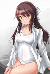 Rule 34 | 1girl, artist name, bad id, bad twitter id, brave witches, brown eyes, brown hair, cowboy shot, hair ribbon, haruhata mutsuki, karibuchi takami, lips, long hair, looking at viewer, military, military uniform, naval uniform, one-piece swimsuit, ribbon, school swimsuit, sitting, smile, solo, swimsuit, swimsuit under clothes, twitter username, uniform, white one-piece swimsuit, white ribbon, white school swimsuit, world witches series