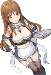 Rule 34 | 1girl, apron, arm garter, bare shoulders, black skirt, black thighhighs, blush, breasts, brown eyes, brown hair, cleavage, closed mouth, crop top, frills, garter straps, gloves, highres, large breasts, long hair, looking at viewer, maid, maid headdress, midriff, mole, mole on breast, mole under eye, original, pupps, simple background, skirt, smile, solo, thighhighs, tray, waist apron, white apron, white background, white gloves
