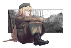 Rule 34 | 1girl, absurdres, beret, black footwear, blonde hair, boots, brown coat, coat, cup, emile aoi, girls&#039; frontline, gloves, green gloves, green headwear, green pants, gun, hairband, hat, highres, holding, holding cup, long hair, m1 garand, m1 garand (girls&#039; frontline), merry christmas, pants, rifle, sitting, weapon