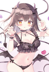 Rule 34 | 1girl, :p, azumi kazuki, black bow, black choker, black panties, black wings, blush, bow, breasts, brown hair, candy, cat ear panties, choker, claw pose, cleavage, closed mouth, collarbone, commentary, demon girl, demon horns, demon tail, demon wings, food, frilled choker, frills, gradient background, hair between eyes, hair bow, hair intakes, hair ornament, hairclip, hands up, heart, heart-shaped pupils, heart-shaped lollipop, highres, horns, lollipop, long hair, low wings, medium breasts, nail polish, navel, orange eyes, original, panties, pink background, pink nails, shaped lollipop, smile, solo, symbol-shaped pupils, tail, tongue, tongue out, two side up, underwear, white background, wings, wrist cuffs, x hair ornament