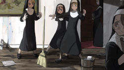 Rule 34 | 5girls, absurdres, balancing, black footwear, blonde hair, brick wall, broom, brown eyes, bucket, clumsy nun (diva), crack, diva (hyxpk), drawing (object), dress, froggy nun (diva), glasses, glasses nun (diva), habit, highres, hole in wall, indoors, little nuns (diva), long hair, mole, mole under eye, multiple girls, nun, open mouth, picture frame, rag, revision, spicy nun (diva), strict nun (diva), traditional nun, veil, wooden floor