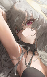Rule 34 | 1girl, absurdres, arm up, armpits, bed sheet, black bra, blue archive, bra, breasts, eyes visible through hair, grey hair, hair spread out, halo, highres, light smile, looking at viewer, lying, medium breasts, muhan (user azze8777), on back, red eyes, sakurako (blue archive), sideboob, solo, underwear, upper body