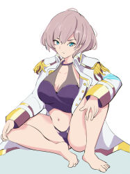 Rule 34 | bad id, bad pixiv id, barefoot, bikini, blue eyes, breasts, buttons, coat, epaulettes, feet, grey hair, gridman universe, highres, large breasts, mujina, on floor, oni- -on, open clothes, open coat, short hair, simple background, spread legs, ssss.dynazenon, stomach, swimsuit, thick thighs, thighs