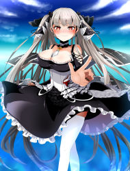 Rule 34 | 1girl, azur lane, between breasts, black dress, black nails, blunt bangs, blush, breasts, closed eyes, detached collar, dress, earrings, embarrassed, formidable (azur lane), frilled dress, frills, highres, houshi, jewelry, large breasts, long hair, looking at viewer, nail polish, ocean, off-shoulder dress, off shoulder, platinum blonde hair, pointing, pointing at viewer, red eyes, sky, solo, thighhighs, turret, two-tone dress, two-tone ribbon, very long hair, white thighhighs