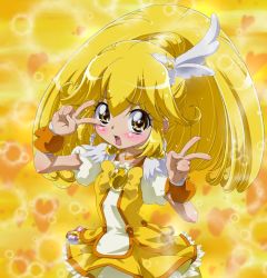 Rule 34 | 10s, 1girl, blonde hair, blush, bow, choker, cure peace, double v, eyelashes, hair flaps, hair ornament, head wings, heart, highres, kise yayoi, looking at viewer, magical girl, precure, puffy sleeves, skirt, smile precure!, solo, tisk, v, wide ponytail, wings, yellow background, yellow bow, yellow eyes, yellow skirt, yellow theme