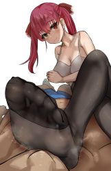 Rule 34 | 1girl, :3, blush, breasts, cleavage, feet, handjob gesture, heterochromia, highres, hololive, houshou marine, large breasts, long hair, pantyhose, red eyes, red hair, smell, smelling, soles, steam, toes, twintails, virtual youtuber, yellow eyes