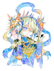 Rule 34 | 1girl, @ @, androgynous, armor, blue eyes, blue ribbon, blue shirt, blue sleeves, breastplate, caustics, colored eyelashes, frilled sleeves, frills, green hair, high collar, holding, holding shell, ink (medium), liquid clothes, long sleeves, looking at viewer, maruti bitamin, one eye closed, orange nails, original, painting (medium), print sleeves, ribbon, seashell, shell, shell hair ornament, shirt, short hair, shoulder armor, symbol in eye, traditional media, watercolor (medium), white background