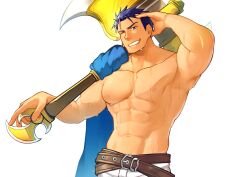 Rule 34 | abs, axe, bara, belt, blue eyes, blue hair, fire emblem, fire emblem: the blazing blade, hector (fire emblem), hidora art, highres, holding, holding axe, holding weapon, muscular, muscular male, nintendo, one eye closed, pectorals, smile, sweat, topless male, weapon, white background