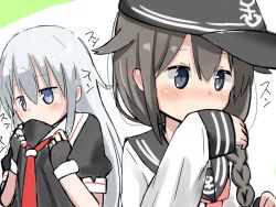 Rule 34 | 2girls, black gloves, black hat, blue eyes, blush, braid, brown hair, cosplay, costume switch, covering own mouth, fingerless gloves, gloves, hair flaps, hand over own mouth, hat, hibiki (kancolle), holding, holding clothes, kantai collection, long hair, mugicha (mugitya912), multiple girls, neckerchief, necktie, red neckerchief, red necktie, remodel (kantai collection), school uniform, serafuku, shigure (kancolle), side braid, silver hair, smelling