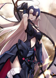 Rule 34 | 1girl, ahoge, arm up, armor, armored dress, armpits, banner, bare shoulders, black dress, black gloves, black thighhighs, breasts, chain, clothing cutout, cloud, cloudy sky, day, dress, elbow gloves, fate/grand order, fate (series), faulds, floating hair, from below, fur-trimmed gloves, fur-trimmed legwear, fur trim, gloves, headpiece, highres, holding, jeanne d&#039;arc (fate), jeanne d&#039;arc alter (avenger) (fate), jeanne d&#039;arc alter (avenger) (third ascension) (fate), jeanne d&#039;arc alter (fate), light rays, long hair, looking at viewer, looking down, medium breasts, navel, navel cutout, open mouth, outdoors, pale skin, platinum blonde hair, scabbard, serious, sheath, sheathed, shigure s, sky, slit pupils, solo, standing, sunlight, sword, thighhighs, vambraces, very long hair, weapon, yellow eyes