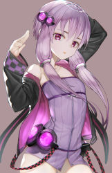 Rule 34 | 1girl, absurdres, arm behind head, arm up, bare shoulders, black jacket, breasts, brown background, closed mouth, collarbone, commentary request, dress, hair ornament, hand up, head tilt, highres, jacket, long hair, long sleeves, nyatabe, off shoulder, open clothes, open jacket, purple dress, purple eyes, purple hair, short dress, simple background, sleeves past wrists, small breasts, solo, strapless, strapless dress, very long hair, vocaloid, yuzuki yukari