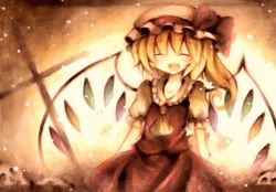 Rule 34 | 1girl, bad id, bad pixiv id, blonde hair, collared shirt, female focus, flandre scarlet, gradient background, hat, highres, mob cap, namakuby, shirt, smile, solo, standing, touhou, white hat, wings