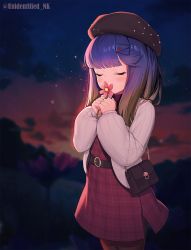 Rule 34 | 1girl, alternate costume, blush, brown hat, closed eyes, flower, flower over mouth, hat, highres, holding, holding flower, kantai collection, long hair, mole, mole under eye, pantyhose, pink flower, purple hair, sky, solo, star (sky), starry sky, tsushima (kancolle), twitter username, unidentified nk